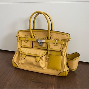 Mustard yellow canvas birkin cargo style bag